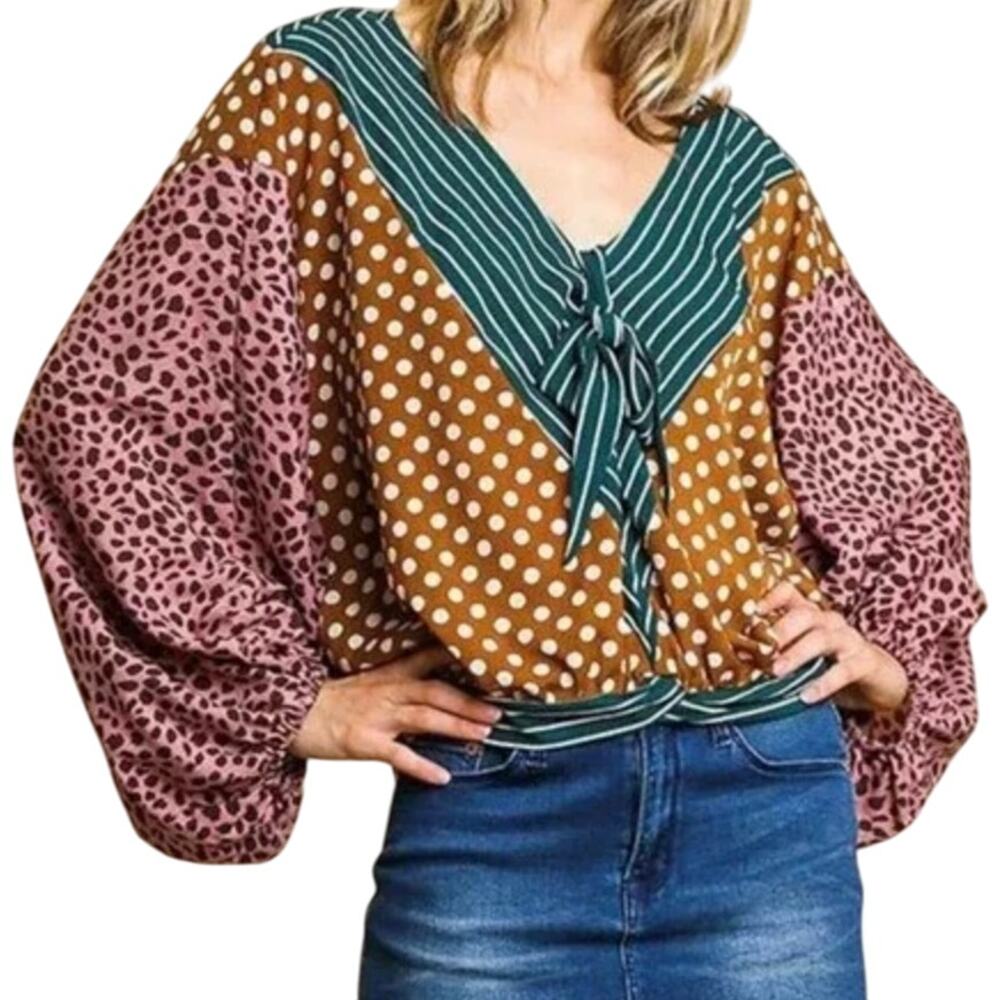 Umgee Patchwork Balloon Sleeve Blouse Animal Prin… - image 1